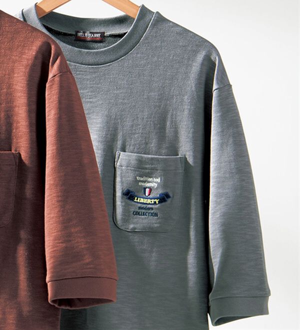「ロゴ刺しゅう７分袖スウェットＴシャツ（メンズトレーナー）」｜グレー