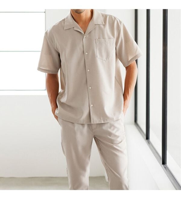 「リネンタッチワンタックワイドパンツ・オープンカラーワイドシャツ（メンズシャツ）」｜詳細画像