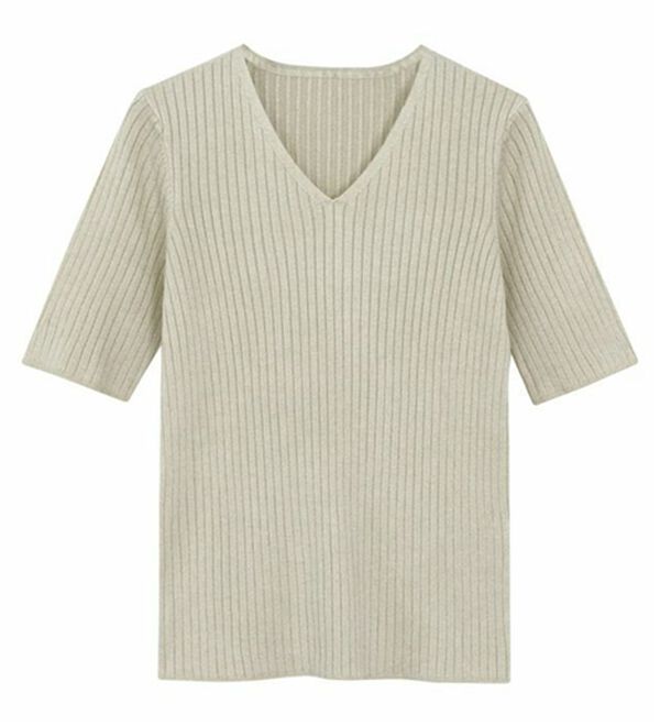 Pierrot（ピエロ）の「【洗濯機で洗える】ネックが選べるシルクタッチ半袖リブニット（ニット・セーター）」｜詳細画像