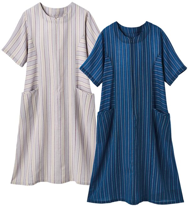 「【２色組】しじら織調前ファスナーワンピ（パジャマ・ルームウェア）」｜詳細画像