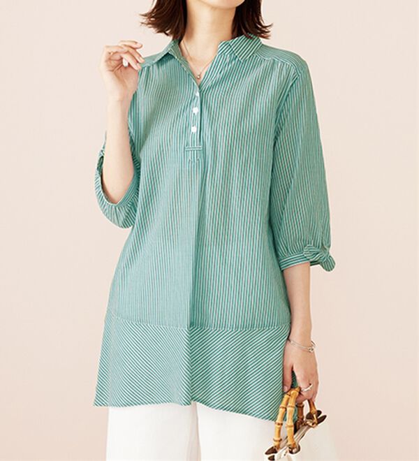 BELLUNA（ベルーナ）の「綿１００％ストライプ袖リボンチュニック（チュニック）」｜詳細画像