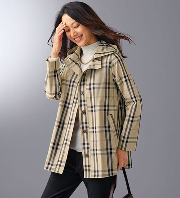BELLUNA（ベルーナ）の「メモリー調チェック柄デザインコート（ライナー付）（ハーフコート）」｜ベージュ系