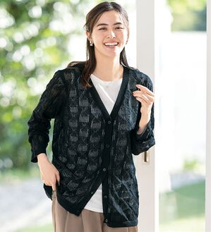 ルフラン（ルフラン）の「リネンタッチの透かし編みカーディガン（その他ジャケット）」｜黒