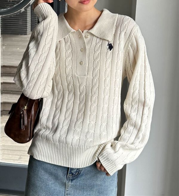 RANAN（ラナン）の「＜U.S.POLO ASSN.＞刺繍長袖ケーブルポロニット（ニット・セーター）」｜詳細画像