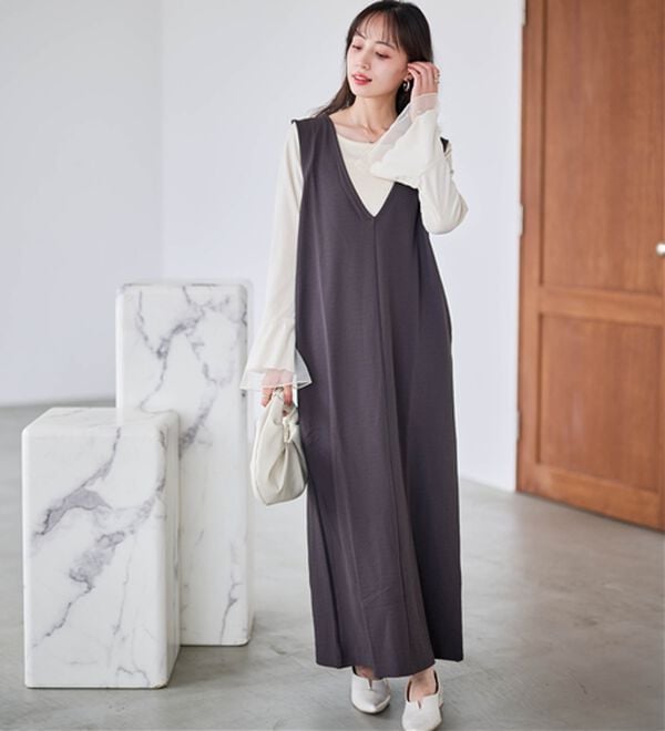 Curensology リネンブレンド サスペンダーロングジャンパースカート Curensology リネンブレンド サスペンダーロングジャンパースカート