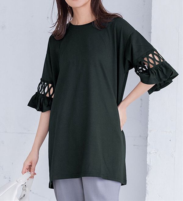 RANAN（ラナン）の「袖レース切替チュニックワンピース（チュニックワンピース）」｜ブラック