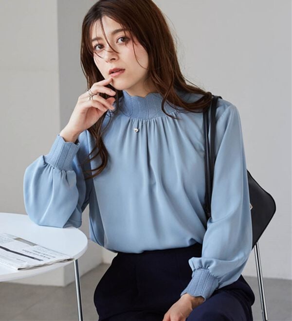 RANAN（ラナン）の「スカラップリブニット使いブラウス（ブラウス）」｜ブルーグレー