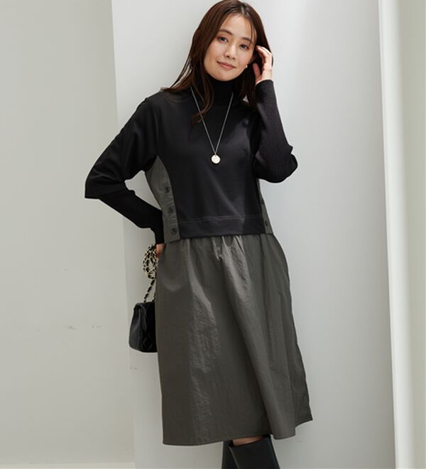 BELLUNA（ベルーナ）の「異素材切替ボタン使い配色ワンピース（その他ワンピース）」｜詳細画像