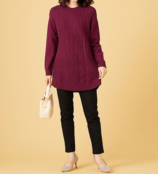 BELLUNA（ベルーナ）の「パッチワーク調ケーブルニットチュニック（チュニック）」｜詳細画像