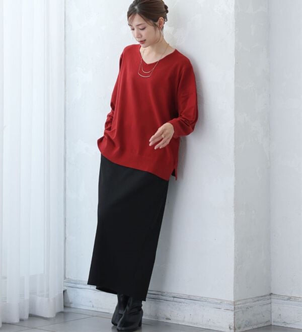 A HAPPY MARILYN（アハッピーマリリン）の「【Ｌ～８Ｌ】Ｒｉｎ フィット感軽減！Ｔシャツ感覚もっちりやわらかＶネックニット（ニット・セーター）」｜詳細画像