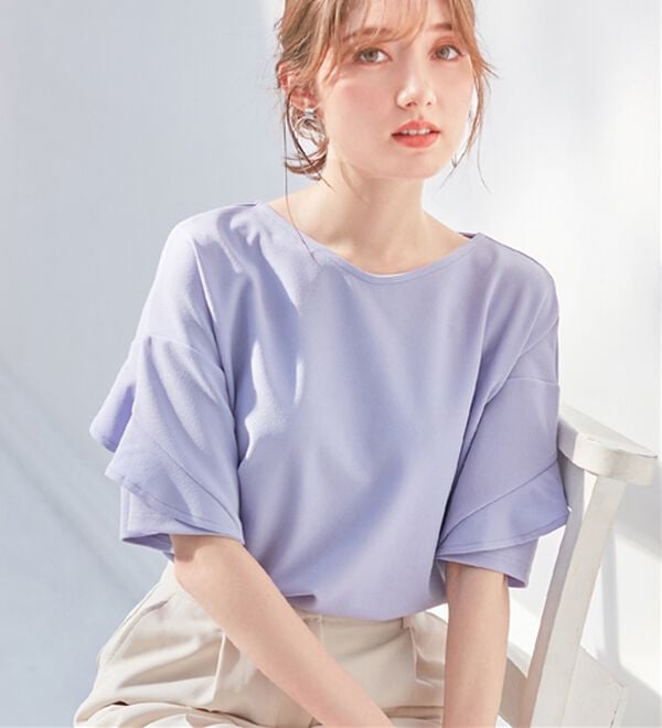 alotta（アロッタ）の「【４つの機能付】ひんやりフリル袖ブラウスＴシャツ（ブラウス）」｜ライトブルー