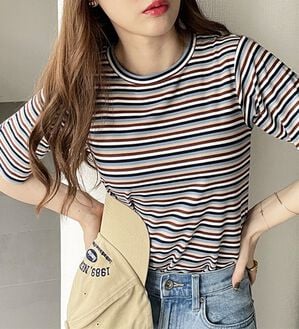 GeeRA（ジーラ）の「マルチボーダー５分袖リブカットソー（カットソー）」｜ブラウン系