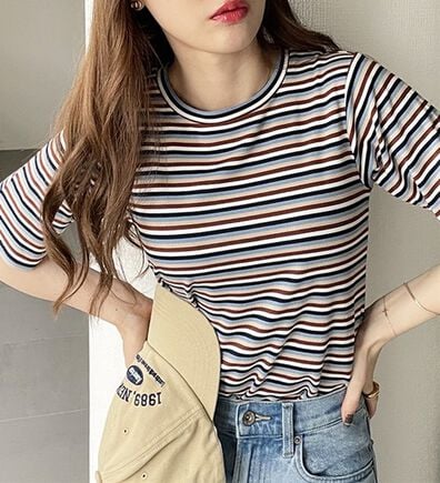 GeeRA（ジーラ）の「マルチボーダー５分袖リブカットソー（カットソー）」