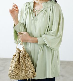 GeeRA（ジーラ）の「リボン付スキッパーブラウス（ブラウス）」｜ライトグリーン