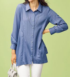 BELLUNA（ベルーナ）の「ドビーストライプ素材タック使いチュニック（チュニック）」｜ブルーグレー