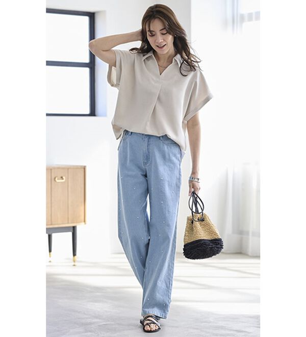 終わった栄造出品 コーデの主役！パールデザインデニムワイドパンツ - ベルーナ