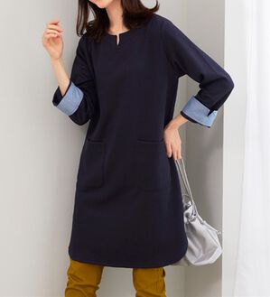 BELLUNA（ベルーナ）の「ポケット付ボーダージャカードワンピース（その他ワンピース）」｜ネイビー