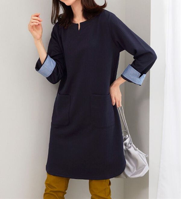 BELLUNA（ベルーナ）の「ポケット付ボーダージャカードワンピース（その他ワンピース）」｜ネイビー