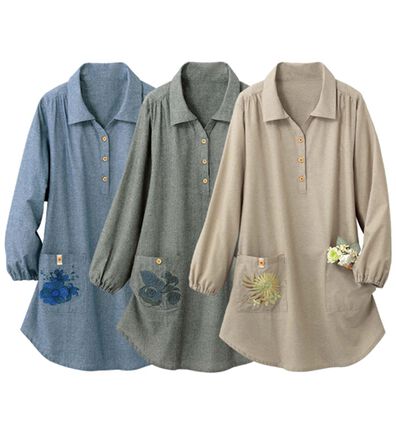 「【３枚組】そのままお出かけ刺しゅうが可愛い割烹シャツ（パジャマ・ルームウェア）」