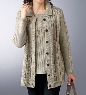 BELLUNA（ベルーナ）の「杢調編地変化ニットジャケットアンサンブル（ニットカーディガン）」｜杢ベージュ