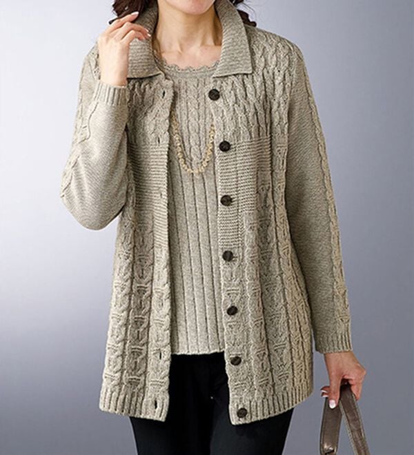 BELLUNA（ベルーナ）の「杢調編地変化ニットジャケットアンサンブル（ニットカーディガン）」｜杢ベージュ