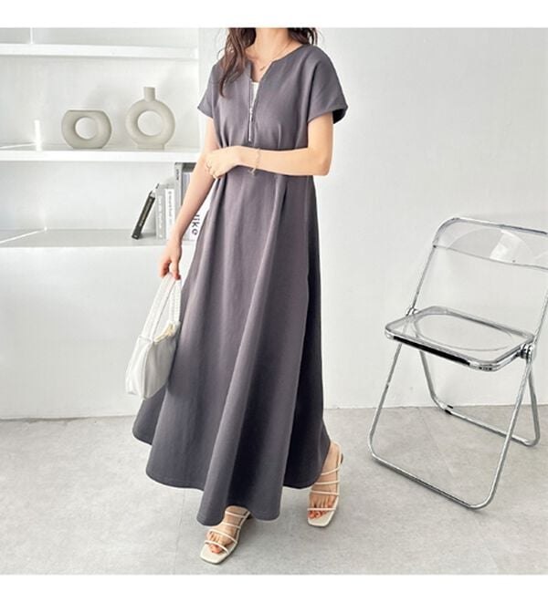 前後2WAYハーフジップフレンチ袖ワンピース - ベルーナ【公式】