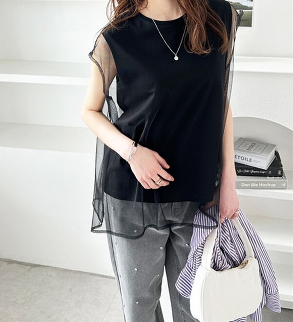 GeeRA（ジーラ）の「チュールカバーフレンチスリーブカットソー（カットソー）」｜詳細画像