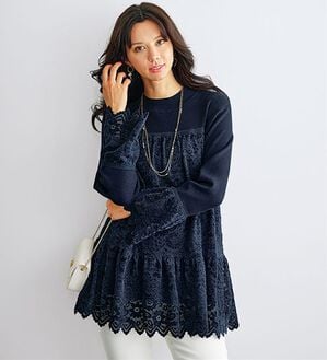 BELLUNA（ベルーナ）の「華やかレース切替ニットチュニック（チュニック）」｜ネイビー
