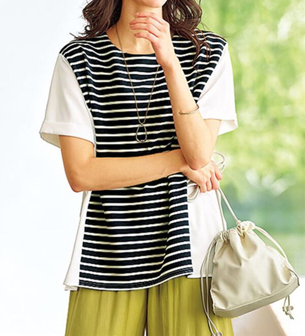 BELLUNA（ベルーナ）の「リップルボーダー細見え切替プルオーバー（カットソー）」｜ネイビー系