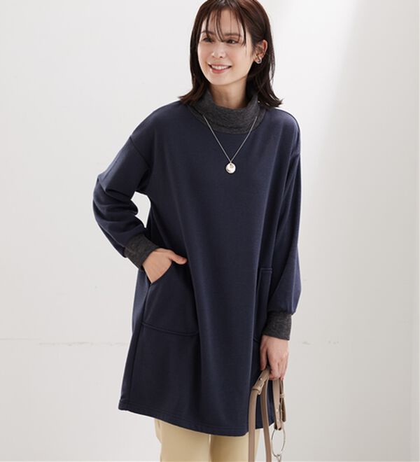 BELLUNA（ベルーナ）の「オフタートルネック配色リブ切替チュニック（チュニック）」｜ネイビー