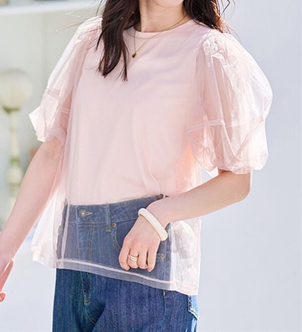 RANAN（ラナン）の「【ひんやり】チュールレイヤードパフスリーブTシャツ（カットソー）」｜詳細画像