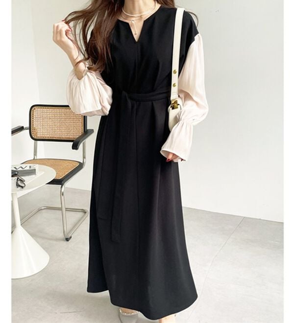 GeeRA（ジーラ）の「ブラウスレイヤード風ドッキングワンピース（カットソーワンピース）」｜ブラック系