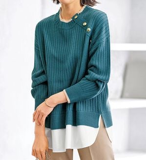 BELLUNA（ベルーナ）の「金ボタン使い重ね着風ニットチュニック（チュニック）」｜詳細画像
