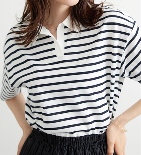 BELLUNA（ベルーナ）の「ボーダー柄スキッパーポロシャツ（カットソー）」｜詳細画像