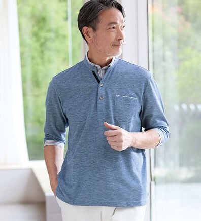 「＜カルビア＞麻入り７分袖ダブル衿ポロ（メンズポロシャツ）」