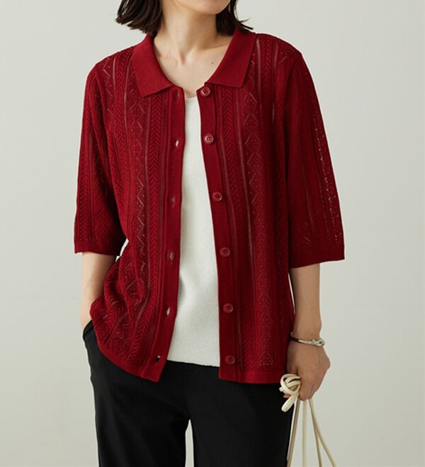 BELLUNA（ベルーナ）の「衿付き透かし編みニットカーディガン（ニットカーディガン）」｜詳細画像