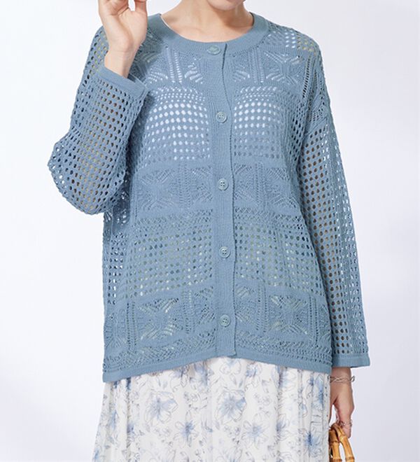 BELLUNA（ベルーナ）の「透かし編ニットカーディガン（ニットカーディガン）」｜ブルー