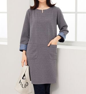 BELLUNA（ベルーナ）の「ポケット付ボーダージャカードワンピース（その他ワンピース）」｜杢グレー