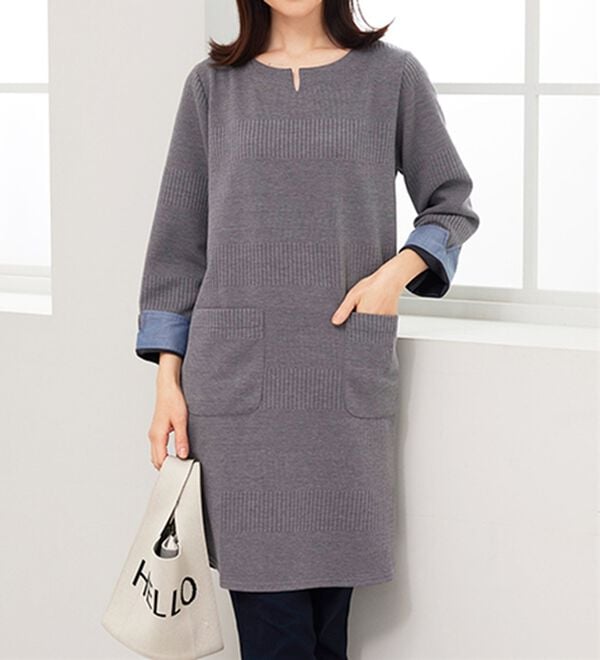 BELLUNA（ベルーナ）の「ポケット付ボーダージャカードワンピース（その他ワンピース）」｜杢グレー