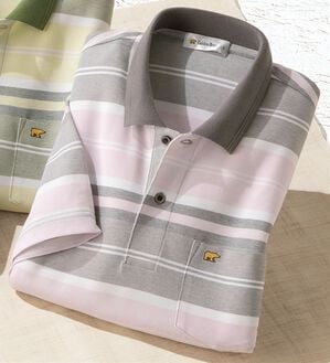 「＜ゴールデンベア＞マルチボーダーポロシャツ（メンズポロシャツ）」｜ピンク系