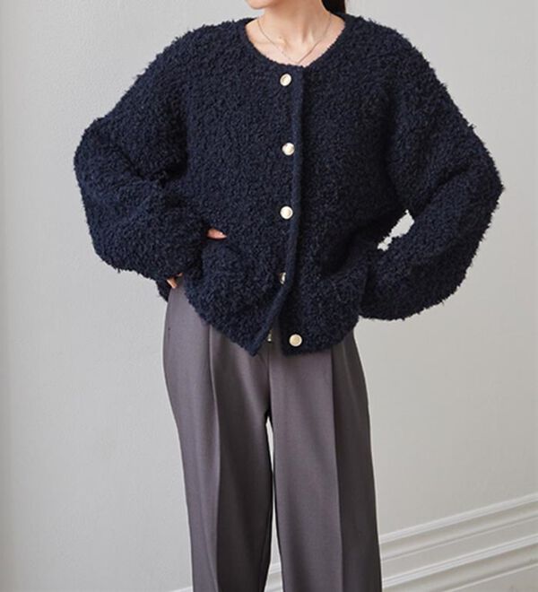 RANAN（ラナン）の「ゴールド調ボタンループ編みニットジャケット（ニットカーディガン）」｜詳細画像