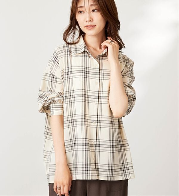 BELLUNA（ベルーナ）の「シアージョーゼット素材チェック柄シャツ（シャツ）」｜詳細画像