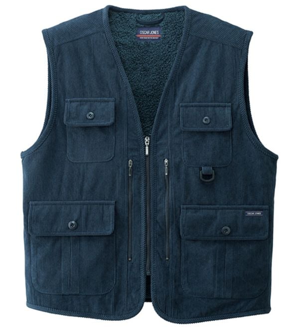 「柔らかコーデュロイ裏ボア多ポケットベスト（メンズベスト）」｜ネイビー