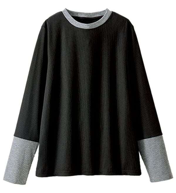 BELLUNA（ベルーナ）の「配色リブ素材クルーネックプルオーバー（カットソー）」｜黒&times;杢グレー