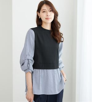 BELLUNA（ベルーナ）の「異素材切替袖タックデザインチュニック（チュニック）」｜ストライプ