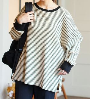 A HAPPY MARILYN（アハッピーマリリン）の「【Ｌ～８Ｌ】コットン１００％ 楽にのびる ワッフルシリーズ ゆったりプルオーバー（Tシャツ）」｜ボーダー