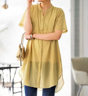 BELLUNA（ベルーナ）の「綿１００％楊柳素材スキッパー半袖ワンピース（その他ワンピース）」｜ライトイエロー