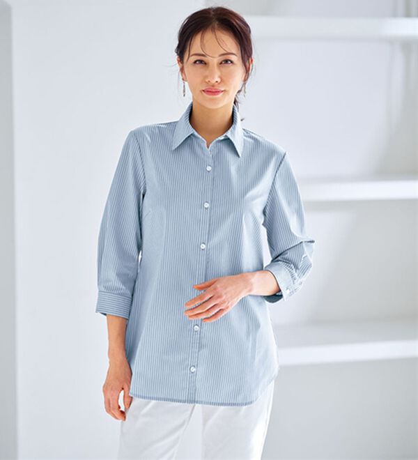 BELLUNA（ベルーナ）の「洗える！ストレッチイージーケアシャツ（シャツ）」｜ブルーストライプ