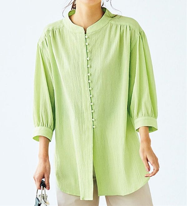 BELLUNA（ベルーナ）の「リサイクルコットンやわらか楊柳素材ブラウス（ブラウス）」｜グリーン