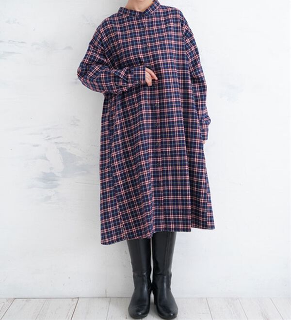 LL～8L】フランネル チェック 細魅せ シャツワンピース